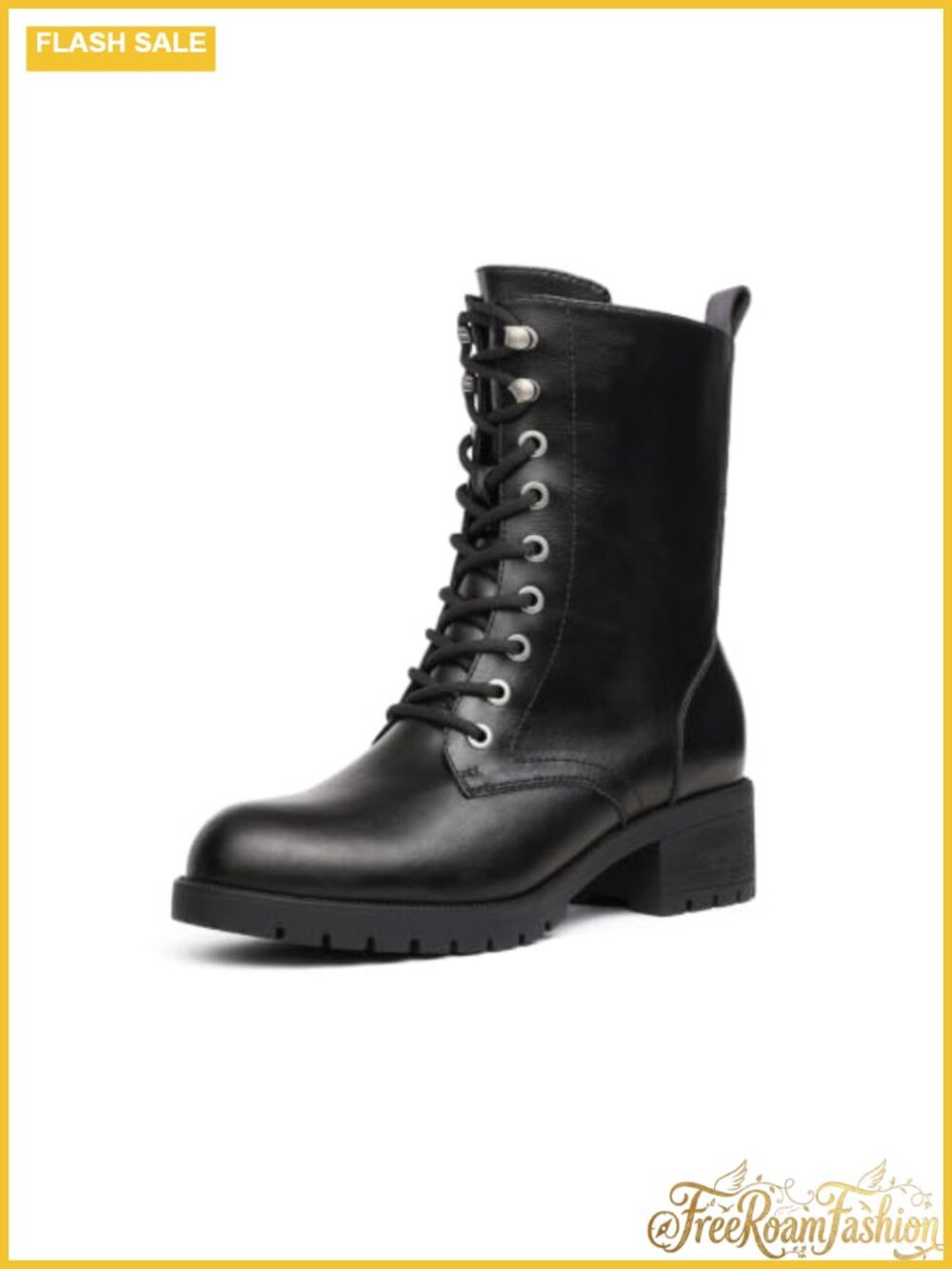 DREAM PAIRS Women's Lace-Up Combat Boots Mid-Calf Faux Leather Winter Boots